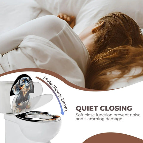 Round Resin Toilet Seat for Bathroom with a dog design, featuring a soft close function, ideal for quiet use.