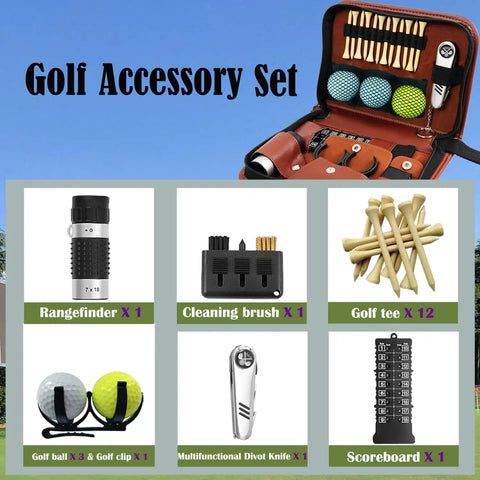 Ultimate Golf Gift Set For Men And Women With Rangefinder Multi Function Golf Tool Balls Brushes Scorekeeper Shafts Clips And Gift Box Durable On Course Essentials For All Levels Of Play displayed in brown leather case
