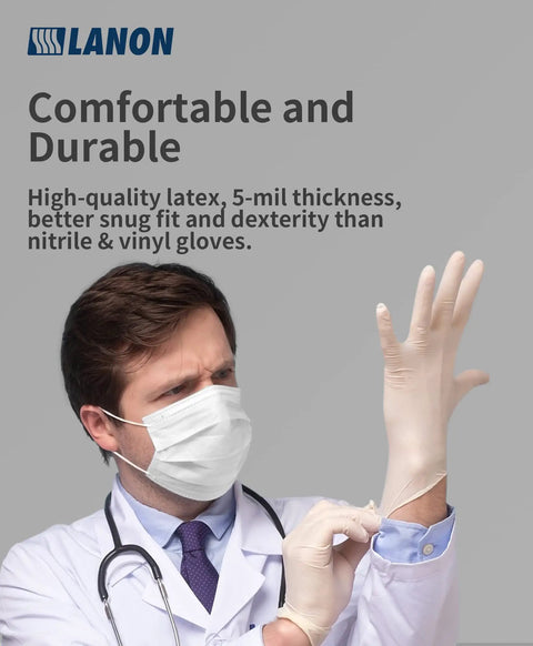 Doctor wearing 5 Mil Latex Disposable Gloves Food Contact Safe Powder Free Fully Textured Grippy White Large Size.