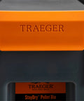 Level Up Your Smoke Game With This Heavy Duty Pellet Storage Bin Featuring A Rugged Locking Lid And Smart Stackable Design To Keep Wood Chips Bone Dry For Peak Grilling Days, showing the orange TRAEGER lid.