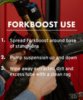 Application of Biobased Fork Suspension Boost for Smoother Ride And Longer Seal Life, PTFE Free, Non Toxic, Biodegradable Formula.