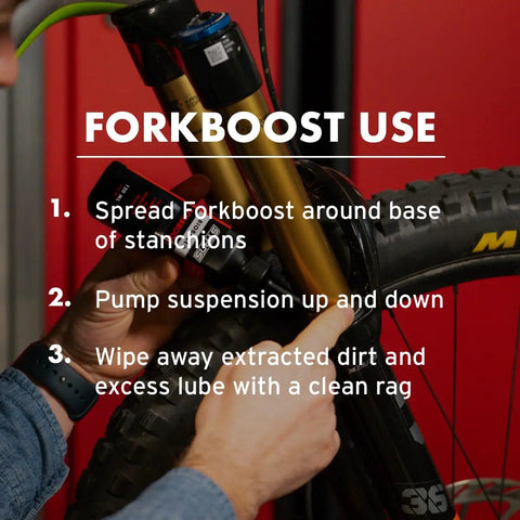 Application of Biobased Fork Suspension Boost for Smoother Ride And Longer Seal Life, PTFE Free, Non Toxic, Biodegradable Formula.