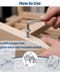 Using a wrench with Must Have 121 Piece Furniture Hardware Kit With Cam Lock Fasteners for bed frame assembly on wooden material.