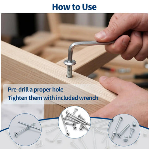 Using a wrench with Must Have 121 Piece Furniture Hardware Kit With Cam Lock Fasteners for bed frame assembly on wooden material.