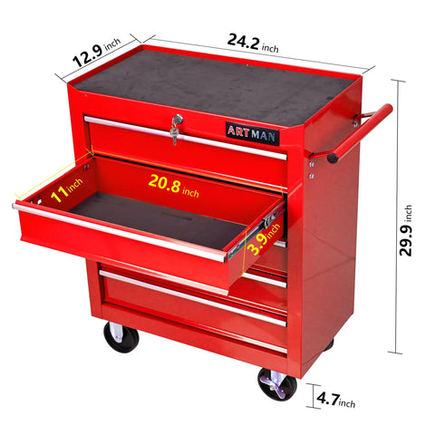 29 Inch Sturdy Steel Rolling Tool Chest With Drawers And Ball Bearing Slides, Red Garage Tool Storage Cabinet with Open Drawer
