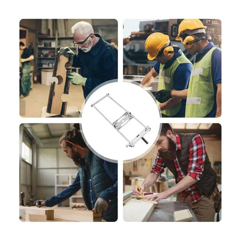 Machining vise wood positioning guide tool with stainless steel frame, centered in a four-panel collage.