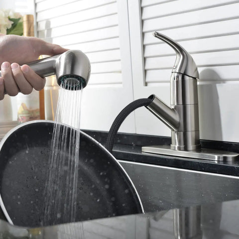 Kitchen Faucet With Pull Out Sprayer, Low Profile Stainless Steel, Single Handle Brushed Nickel Workhorse For Laundry Or Kitchen