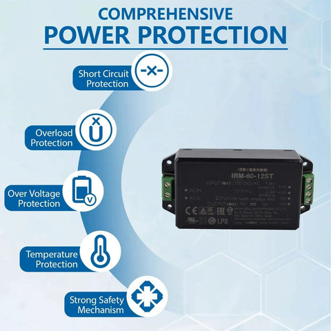 Heavy Duty 60W 12V 5A Industrial AC-DC Power Supply With Global Input 85-305VAC, 47-440Hz, Ultra Low Ripple, 2.5 Percent Regulation, A Real Workhorse for Export Machinery and Worldwide Electronics, metal case, screw terminals