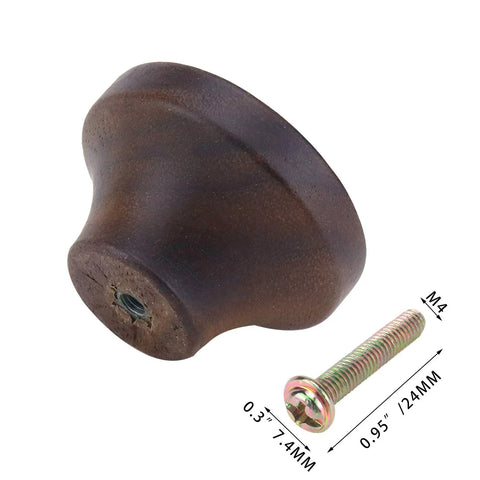 Six Piece Round Wooden Drawer Knobs With One Hole 1.56 Inch Cabinet Handles For Dresser Kitchen Cabinets And DIY Furniture Projects Smooth Sanded Solid Wood Pulls walnut knob with M4 screw, 0.95 in x 7.4 mm