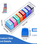 Slick 8 Piece Multicolor Office Stamp Set Featuring No Sweat Self Inking Rubber Design For Quick Document Marking Like Paid Approved And Confidential With Dope Storage Case in clear storage box.