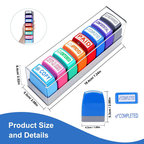 Slick 8 Piece Multicolor Office Stamp Set Featuring No Sweat Self Inking Rubber Design For Quick Document Marking Like Paid Approved And Confidential With Dope Storage Case in clear storage box.