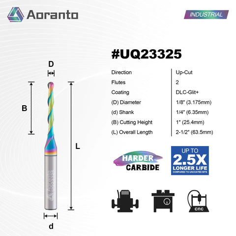 Aoranto UQ23325 1/8 in ball nose CNC router bit with 1/4 in shank, up-cut, 2-flute, DLC-Glit+ coating