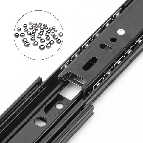 Close-up of black side mount drawer slide with ball bearings, part of Eight Pairs 10 Inch Full Extension Drawer Slides for kitchen cabinets.