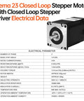 Front view of Nema 23 closed-loop stepper motor with integrated driver; silver face, protruding shaft.