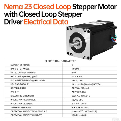 Front view of Nema 23 closed-loop stepper motor with integrated driver; silver face, protruding shaft.