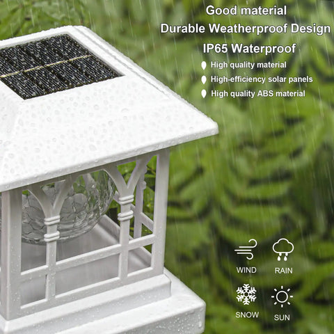 Close-up of a Solar Powered Outdoor Fence Light with ABS shell, IP65 waterproof, showing rain droplets on glass lens.