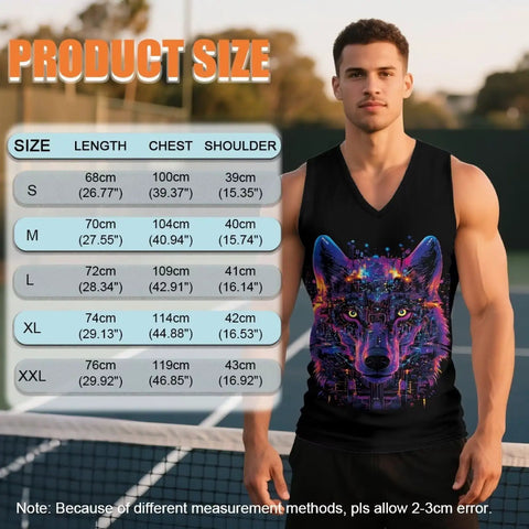Dope Men's Graphic Tank Top Sleeveless V Neck Shirt Quick Dry Athletic Gym Vest size chart displayed on male model.