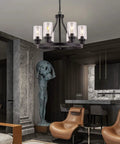 Farmhouse Chandelier For Dining Room Black Pendant Light 6-Light Round Rustic Ceiling Fixture With Glass Globes in a dining room