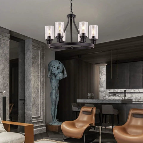Farmhouse Chandelier For Dining Room Black Pendant Light 6-Light Round Rustic Ceiling Fixture With Glass Globes in a dining room