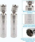 Must Have Pro Grade 14mm And 16mm Spark Plug Socket Set With Thin Walled Magnetic Sockets Universal Joint And Three Eighths Inch Drive Twelve Point Swivel Removal Tool Compatible With BMW Nissan And More Cars Easy Grip For Quick Spark Plug Removal shown in close-up with labels highlighting mirror polishing and magnetic features.