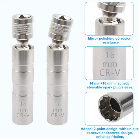 Must Have Pro Grade 14mm And 16mm Spark Plug Socket Set With Thin Walled Magnetic Sockets Universal Joint And Three Eighths Inch Drive Twelve Point Swivel Removal Tool Compatible With BMW Nissan And More Cars Easy Grip For Quick Spark Plug Removal shown in close-up with labels highlighting mirror polishing and magnetic features.