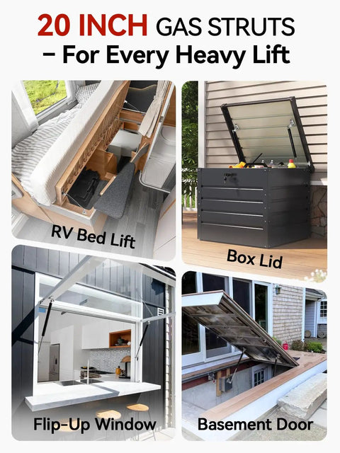20 Inch Heavy Duty Gas Struts 22 Pound Smooth Ride Lift Supports With Rugged Steel Mounting Brackets For Rv Bed Covers Camper Doors And Outdoor Storage Trunks in action lifting RV beds, box lids, a flip-up window, and a basement door.