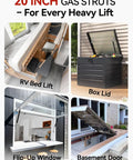 Straight Up Heavy Duty Gas Struts 20 Inch 67 Lbs Lift Supports With Mounting Brackets For Rv Beds Campers Trap Doors No Sweat Operation Top Shelf Quality Pair displayed on RV bed lift, box lid, flip-up window, and basement door.