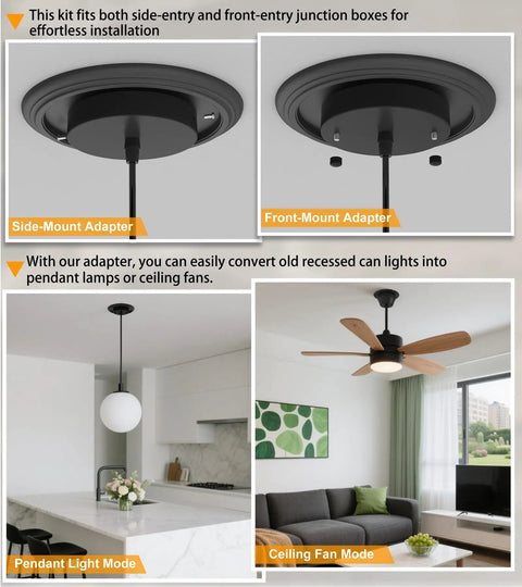 Sleek Recessed To Pendant Converter Kit Turns Six Inch Can Lights Into Chic Hanging Fixtures Featuring A Gimmie E26 Socket And Fresh Black Ceiling Plate For A Quick No Sweat Makeover