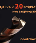 Cobalt drill bit, 1/8 inch, close-up of fluted tip; 20-piece set.