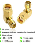 90 Degree Reverse Polarity SMA To RP-SMA Right Angle Coax Adapter 50 Ohm 2 Pack For Audio FPV Drone Antennas And Radio Video Setups Gold Plated Copper For Solid Low Loss Performance, showing gold plated connectors with text details.