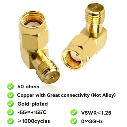 90 Degree Reverse Polarity SMA To RP-SMA Right Angle Coax Adapter 50 Ohm 2 Pack For Audio FPV Drone Antennas And Radio Video Setups Gold Plated Copper For Solid Low Loss Performance, showing gold plated connectors with text details.