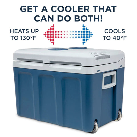 Top Notch 48 Quart Electric Cooler And Warmer With Wheels Grab And Go Thermoelectric Portable Fridge showing dual temperature features.