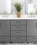 Bathroom vanity with 3 Pack Black Cabinet Pulls 3.75 Inch Hole Center, black zinc alloy hardware on grey cabinets.