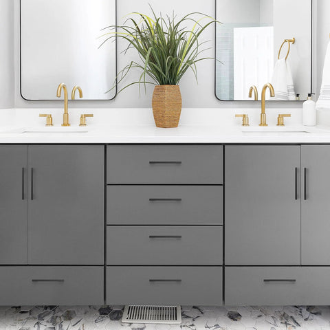 Bathroom vanity with 3 Pack Black Cabinet Pulls 3.75 Inch Hole Center, black zinc alloy hardware on grey cabinets.