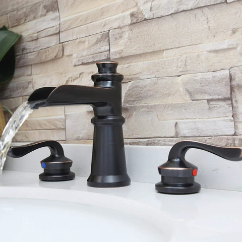 Waterfall Style Widespread Bathroom Faucet With 8 To 16 Inch Mounting Three Hole Two Handles Pop Up Drain Overflow