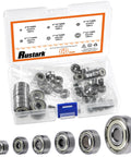 Front view of Rustark 60-piece carbon steel deep groove ball bearing set in a clear plastic case, six sizes.