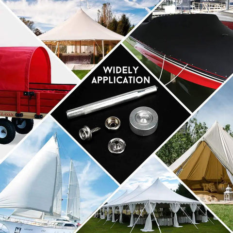 Marine Grade Stainless Steel Canvas Snap Kit With 150 Pc Heavy Duty Fasteners And 2 Pc Setting Tools for tents and boats.