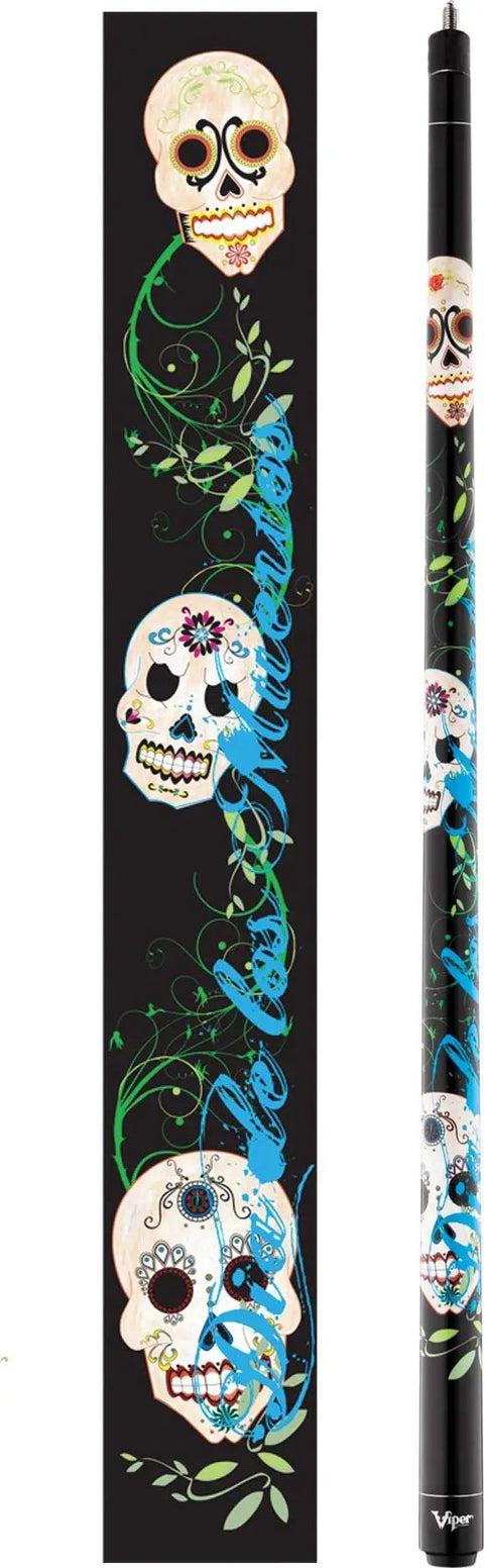 Dia De Los Muertos Billiard Cue 58 Inch 2 Piece Maple Shaft with tattoo style graphics and black finish, ABS joint visible