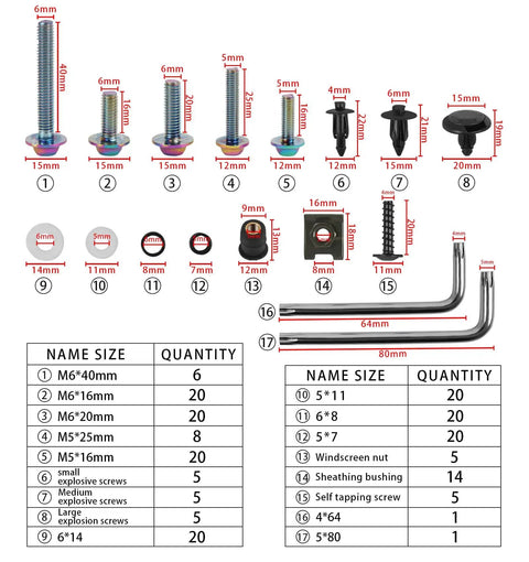 Ultimate 210-Piece Stainless Steel Fairing Bolt And Fastener Kit for Top Motorcycles with screws, nuts, and tools displayed.