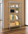 Heavy Duty Five Tier Wire Shelving Unit Kickass Storage Rack With Fully Adjustable Shelves For Kitchen Garage And Pantry Organization Keep Your Space Clean In Sleek Silver Gray 29 X 13 X 59 Inches displaying books and decorative items.