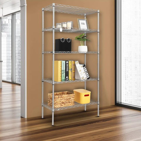 Heavy Duty Five Tier Wire Shelving Unit Kickass Storage Rack With Fully Adjustable Shelves For Kitchen Garage And Pantry Organization Keep Your Space Clean In Sleek Silver Gray 29 X 13 X 59 Inches displaying books and decorative items.