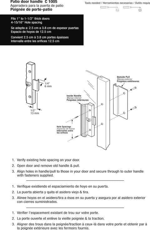 Diagram showing installation of Clamp Style Aluminum Sliding Patio Door Handle Set With White Woodgrain Finish 4 15/16 Inch Center To Center Hole Spacing Replacement For Sliding Glass Doors Easy Install Durable Surface Mount Hardware.