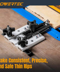 Precision Table Saw Thin Rip Jig Sliding Guide for Dialing Dead Zero Wood Strips on a table saw with wood pieces.