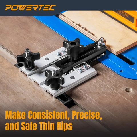 Precision Table Saw Thin Rip Jig Sliding Guide for Dialing Dead Zero Wood Strips on a table saw with wood pieces.