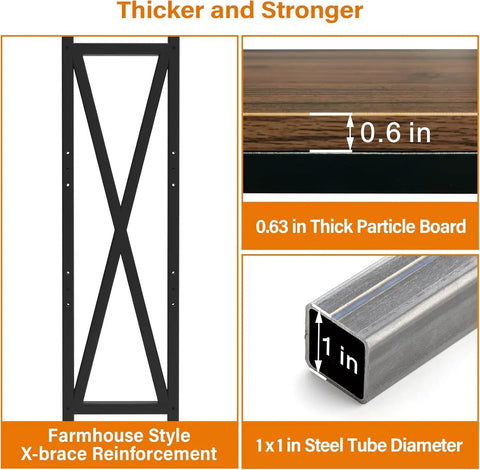 4 Tier Farmhouse Bakers Rack Heavy Duty Metal Wood Shelves Built Like A Tank Rock Solid X Brace Reinforcement side view with measurements