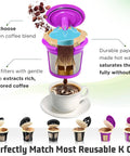 Image showing Disposable K Cup Coffee Filters With Lid For Keurig Single Serve Brewers with coffee grounds and a cup of brewed coffee.
