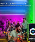 WiFi LED Light Strip Kit 65.6ft Waterproof IP65 all in one set with 5050 LEDs, musical sync feature shown in a party setting.