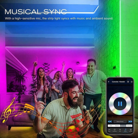 WiFi LED Light Strip Kit 65.6ft Waterproof IP65 all in one set with 5050 LEDs, musical sync feature shown in a party setting.