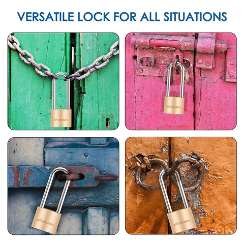 Two Pack Keyed Padlocks With Keys, Extra Long 2-3/8 Inch Shackle, Solid Brass Copper Body, Waterproof Outdoor Lock For Warehouse, Toolbox, Hasp, Gym, Locker, Sheds, Built Tough And Weatherproof on chained doors