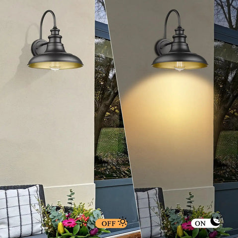 Outdoor Barn Light Fixtures 12.3 Inch Large Dome Farmhouse Wall Mount Sconces Exterior Lighting Lantern Lamps In Black With Dope Gold Interior Industrial Style For Porch Garage Patio 4 Pack, showing day and night settings
